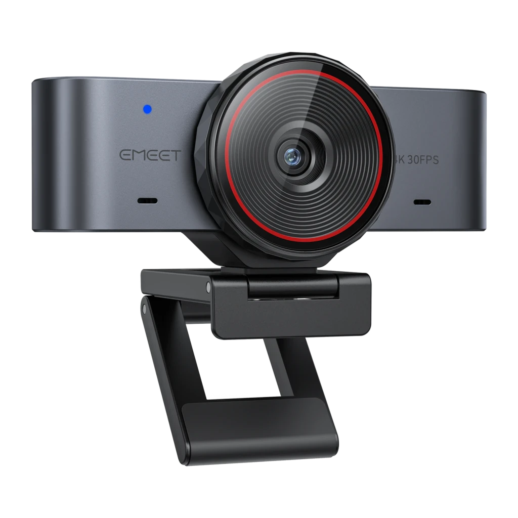 Webcam EMEET SmartCam C960 Ultra 4K 30 images par seconde, Gris, détail: objectif à anneau rouge, logo EMEET et support