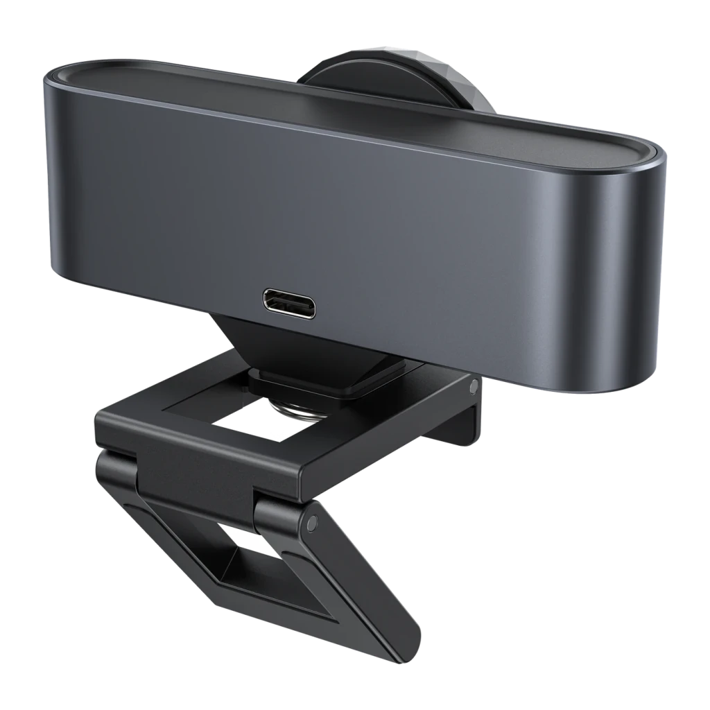 Webcam EMEET SmartCam C960 Ultra 4K 30 images par seconde, Gris, vue arrière: port USB-C centré et support articulé noir