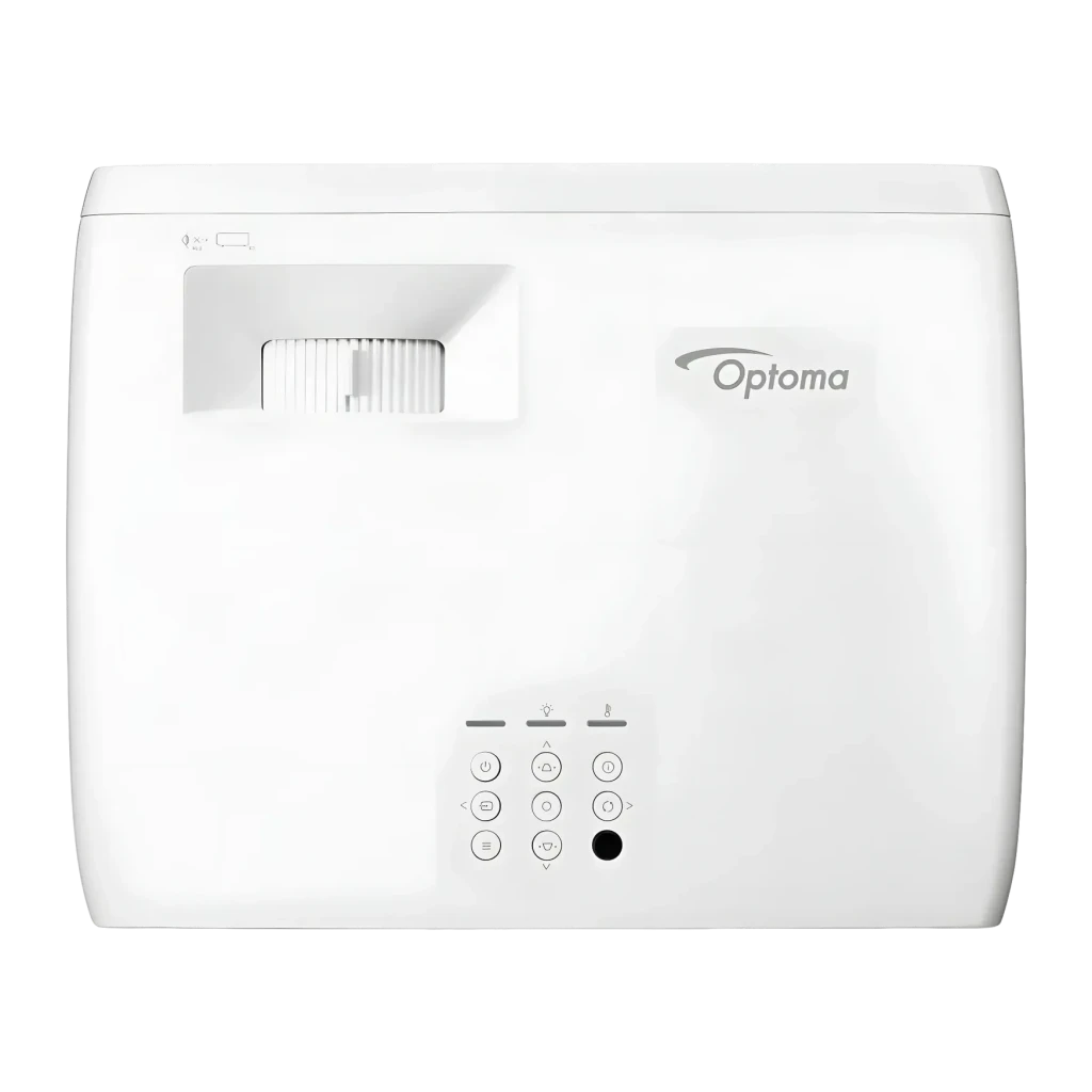 Projetor Optoma Laser Tiro Curto Full HD 1080p 3500 lúmens ANSI Branco ZH350ST, detalhe: vista superior com lente, painel