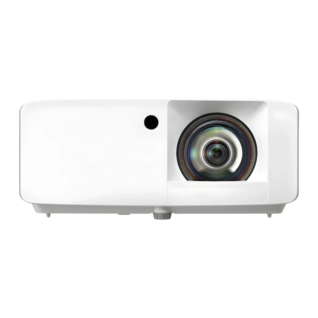 Projetor Optoma Laser Tiro Curto Full HD 1080p 3500 lúmens ANSI Branco ZH350ST, detalhe: objetiva grande angular com lentes