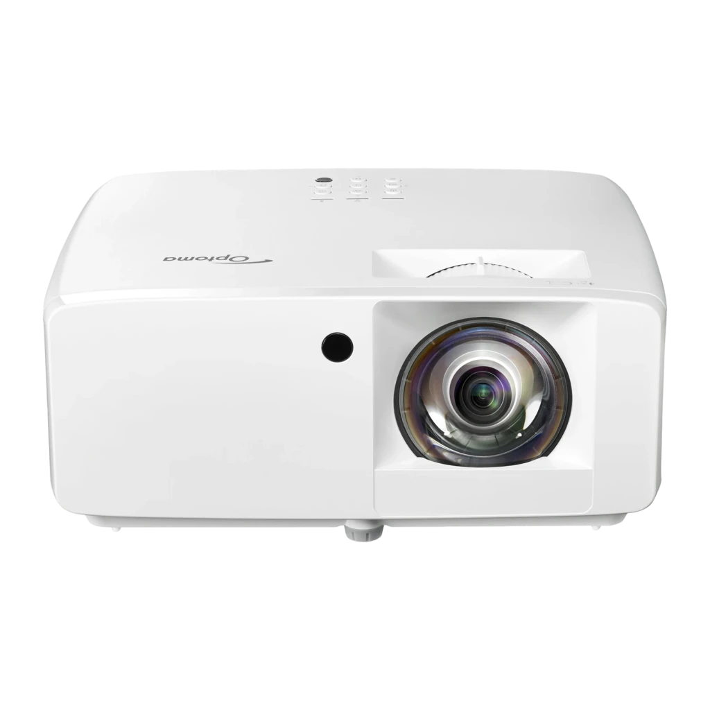 Projetor Optoma Laser Tiro Curto Full HD 1080p 3500 lúmens ANSI Branco ZH350ST, detalhe: vista frontal com objetiva grande
