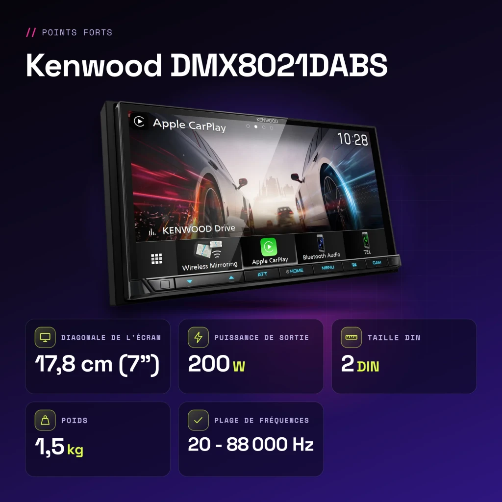 Auto-rádio Kenwood Preto CarPlay Android Auto Sem Fios 7 polegadas DMX8021DABS - características