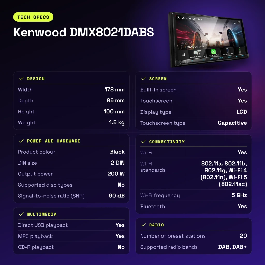 Auto-rádio Kenwood Preto CarPlay Android Auto Sem Fios 7 polegadas DMX8021DABS - características