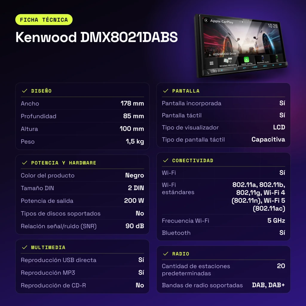 Auto-rádio Kenwood Preto CarPlay Android Auto Sem Fios 7 polegadas DMX8021DABS - características