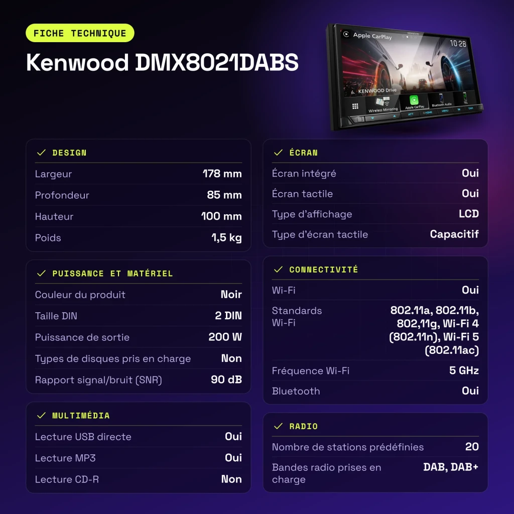 Auto-rádio Kenwood Preto CarPlay Android Auto Sem Fios 7 polegadas DMX8021DABS - características