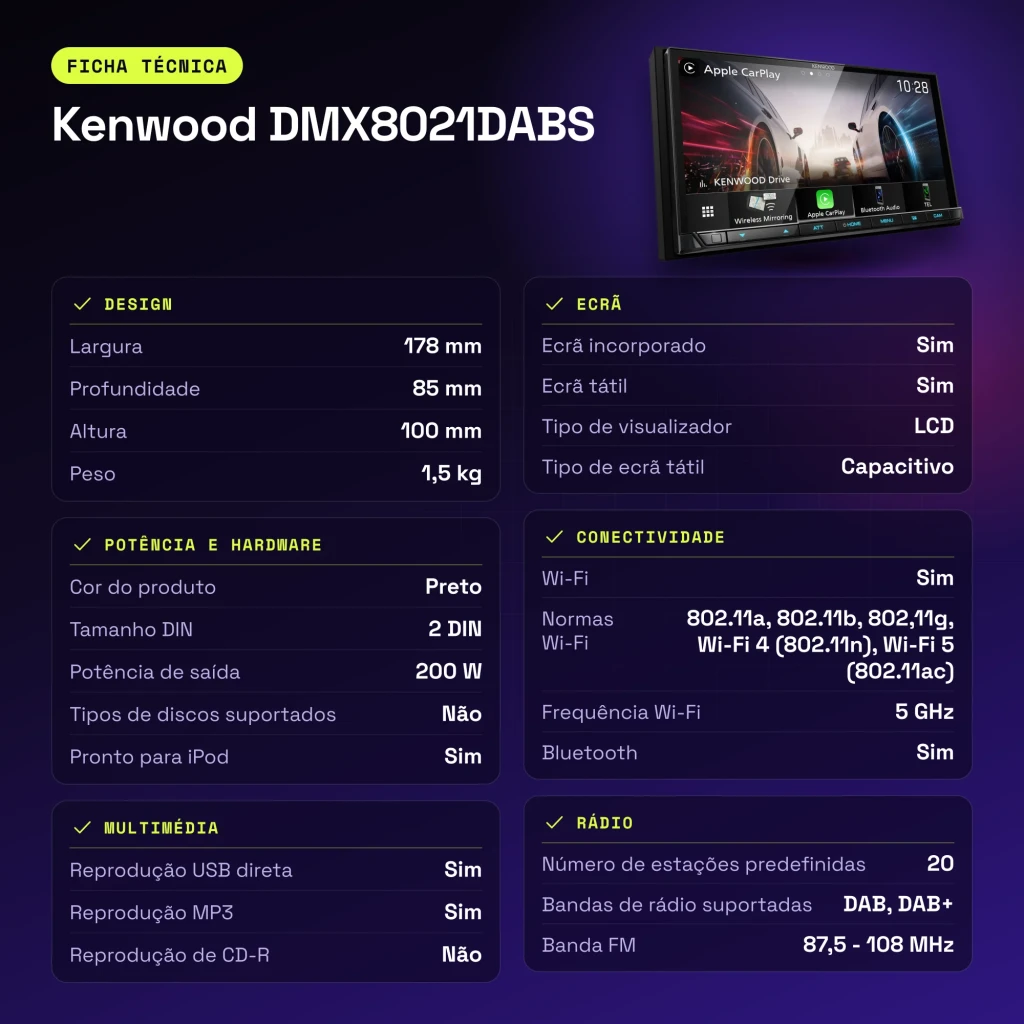 Auto-rádio Kenwood Preto CarPlay Android Auto Sem Fios 7 polegadas DMX8021DABS - características