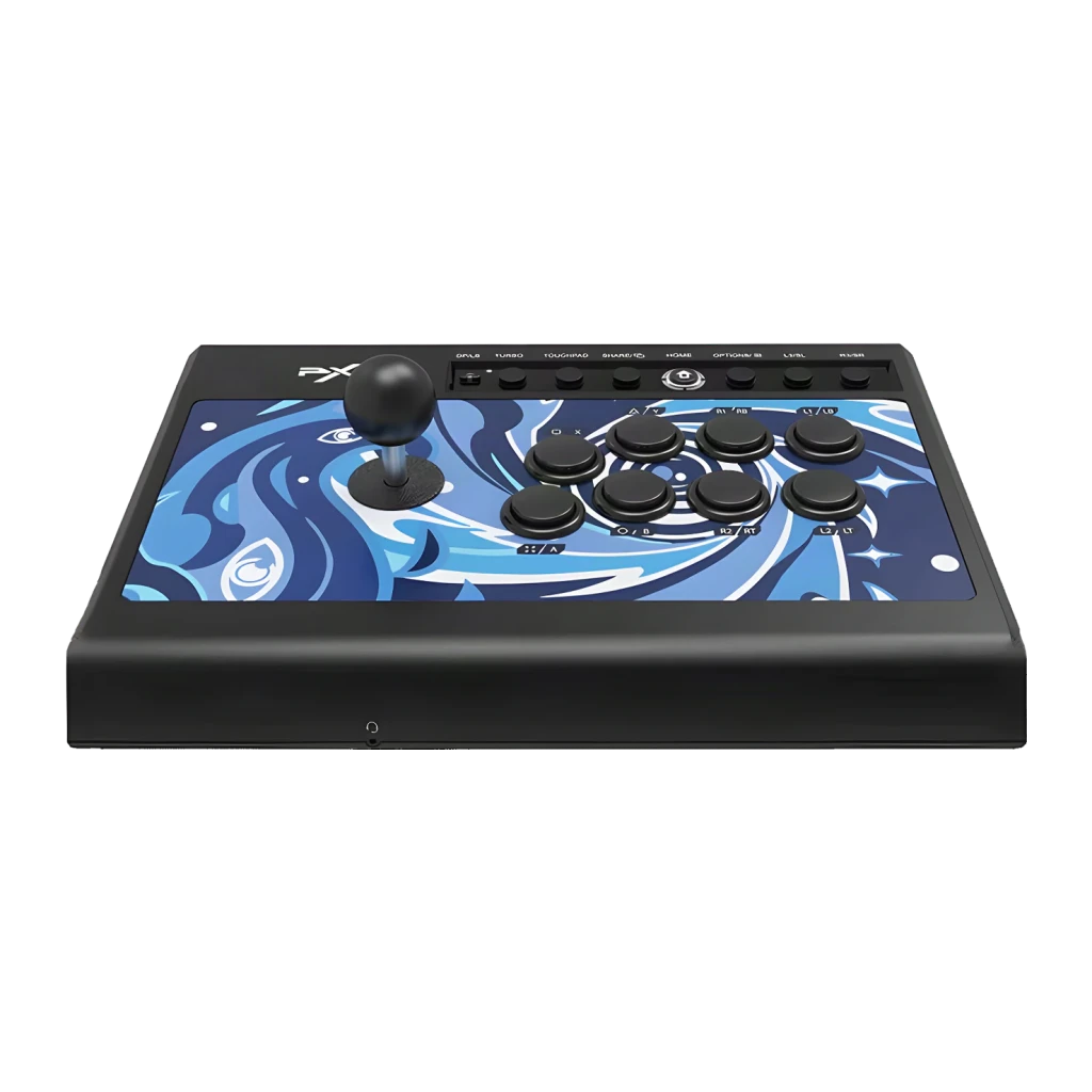 Arcade Stick PXN Switches Mecânicos Blue Switch Jack 3,5mm Azul PXN-008, vista frontal: joystick, 8 botões pretos e painel