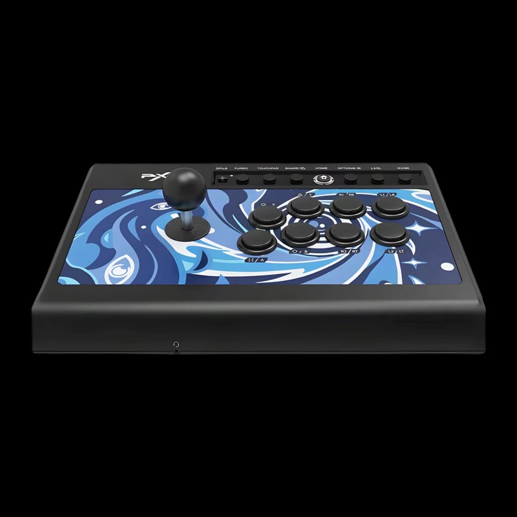 Arcade Stick PXN Switches Mecânicos Blue Switch Jack 3,5mm Azul PXN-008, vista frontal: joystick, 8 botões pretos e painel
