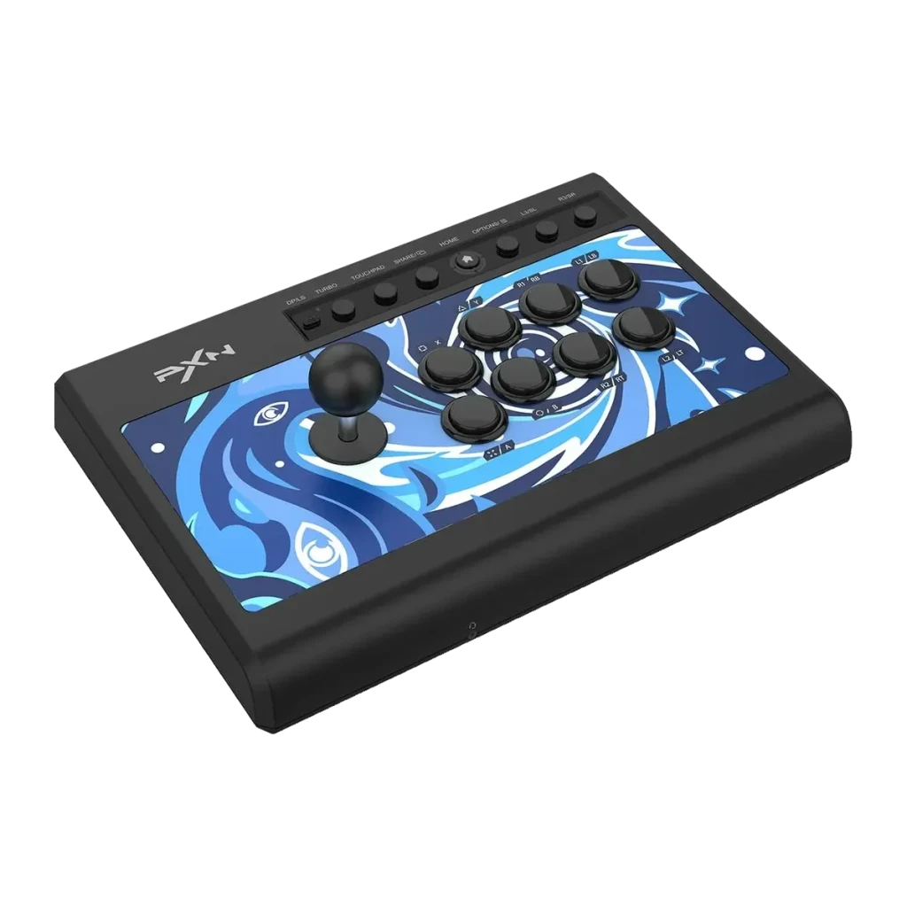 Arcade Stick PXN Switches Mecânicos Blue Switch Jack 3,5mm Azul PXN-008, detalhe: painel superior com joystick, 8 botões