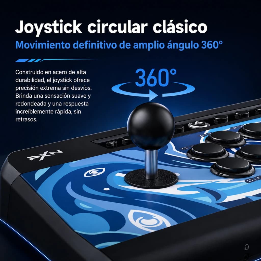 Arcade Stick PXN Switches Mecânicos Blue Switch Jack 3,5mm Azul PXN-008, detalhe: joystick circular clássico com rotação