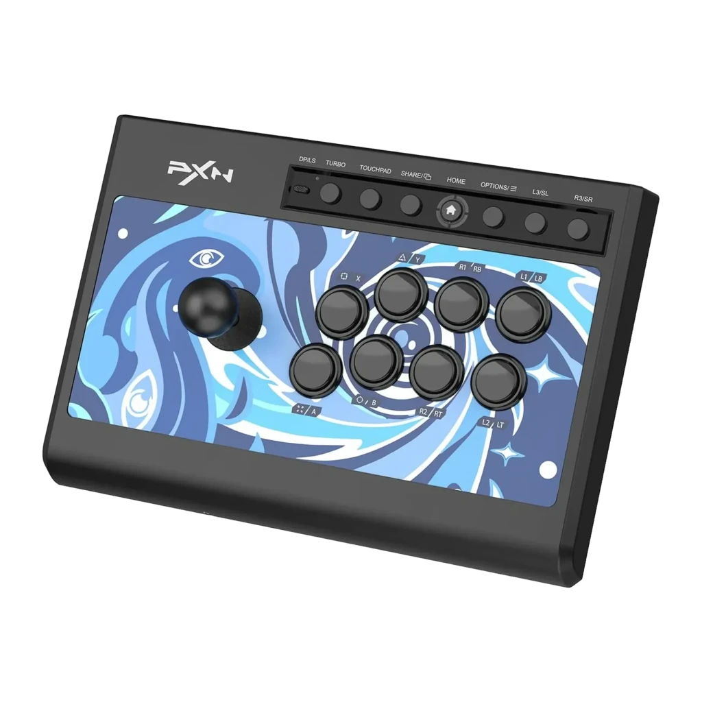 Arcade Stick PXN Switches Mecânicos Blue Switch Jack 3,5mm Azul PXN-008, detalhe: painel superior com joystick, 8 botões