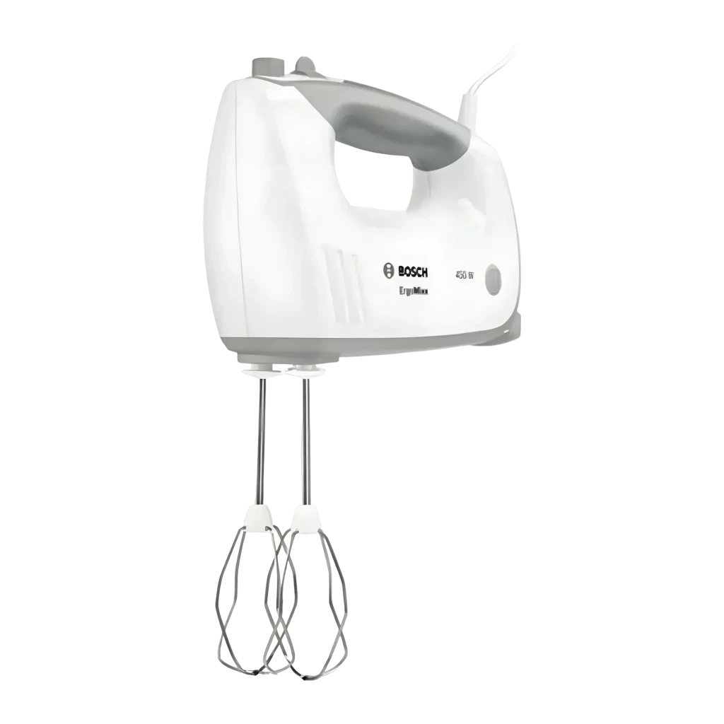 Varinha elétrica Bosch ErgoMixx 450W 5 velocidades Cinzento MFQ36400, detalhe: vista lateral com batedores de aço e logótipo