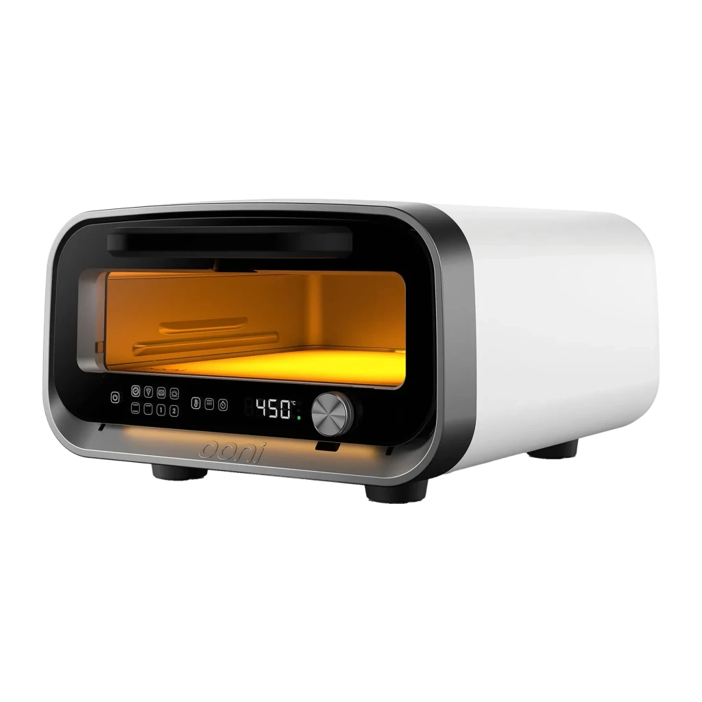 Four à pizza électrique Ooni Volt 2 1600W Blanc, vue de face: intérieur lumineux orange, panneau tactile et molette à 450°