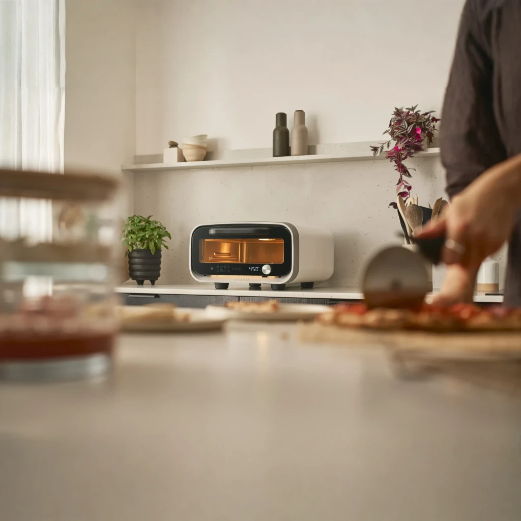 Four à pizza électrique Ooni Volt 2 1600W Blanc, en utilisation: allumé à 450°C sur le plan de travail, personne coupe une