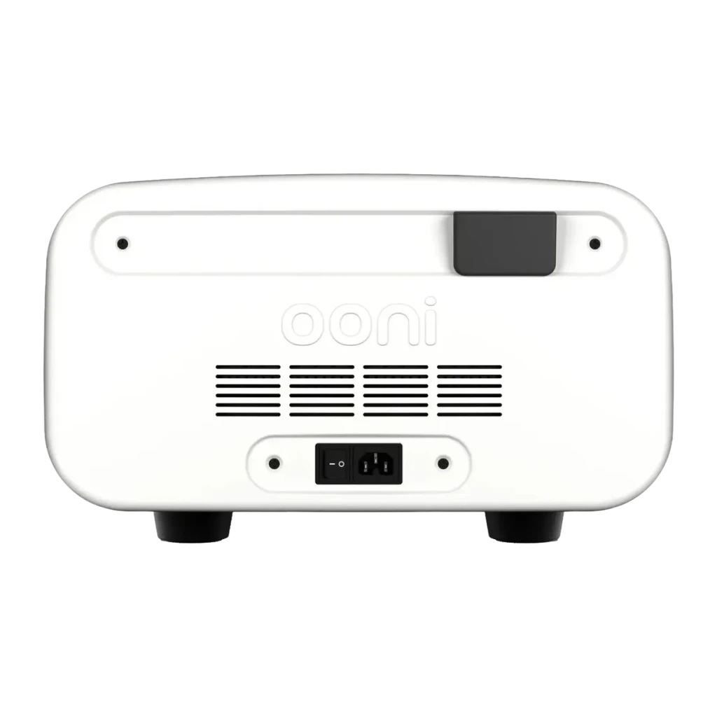 Four à pizza électrique Ooni Volt 2 1600W Blanc, vue arrière: grille de ventilation, interrupteur et prise électrique