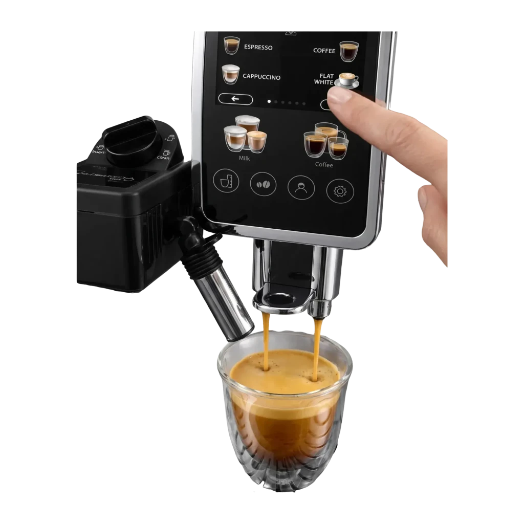 Máquina de Café Superautomática De'Longhi Dinamica Plus 1,8L Moinho Integrado Preto/Prata ECAM380.85.SB, detalhe: dedo