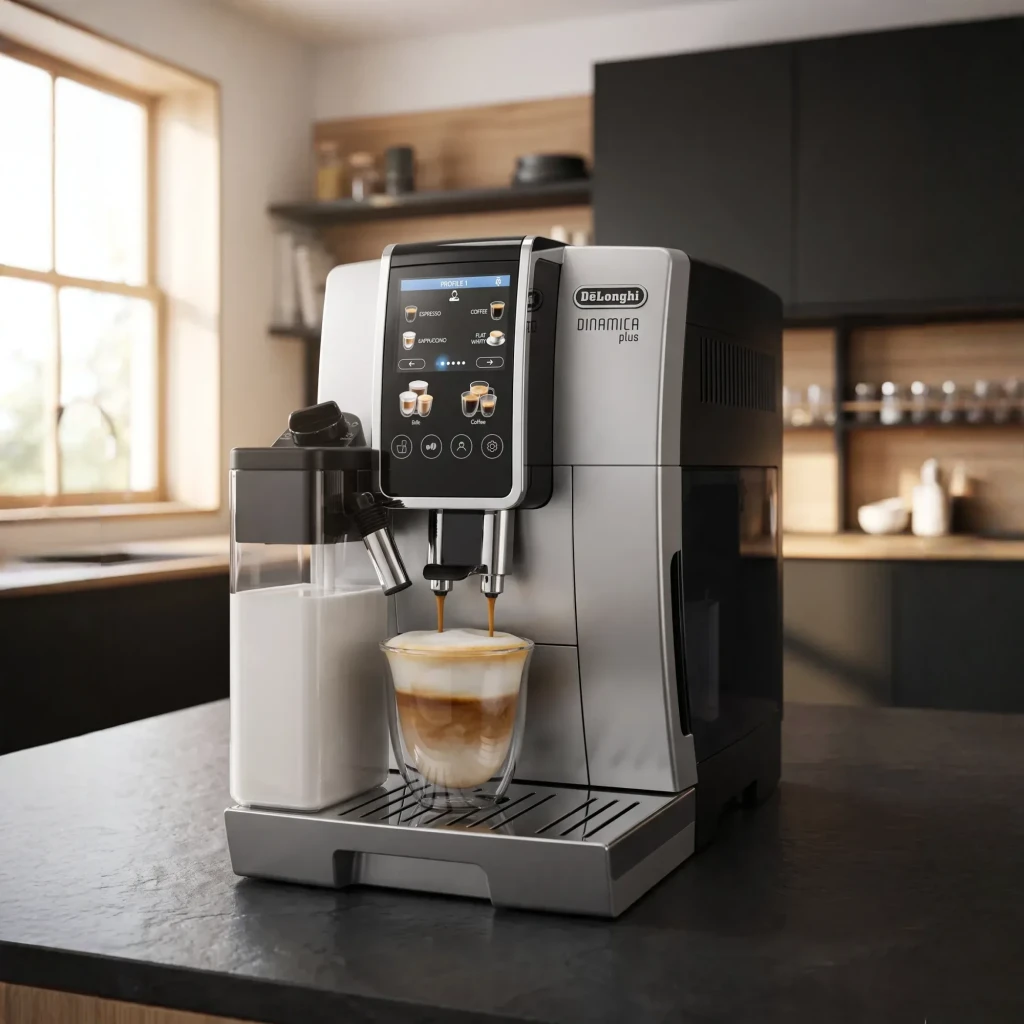 Máquina de Café Superautomática De'Longhi Dinamica Plus 1,8L Moinho Integrado Preto/Prata ECAM380.85.SB, em uso: servindo