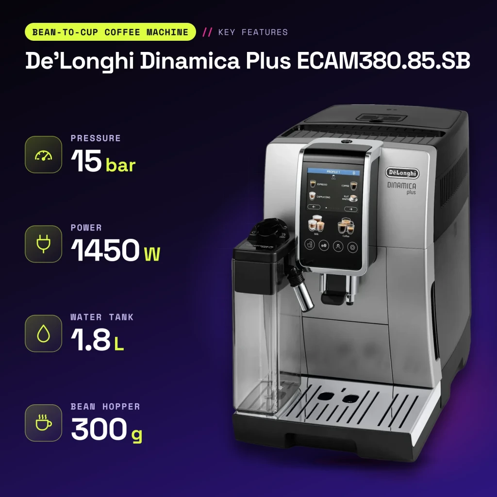 Máquina de Café Superautomática De'Longhi Dinamica Plus 1,8L Moinho Integrado Preto/Prata ECAM380.85.SB - características