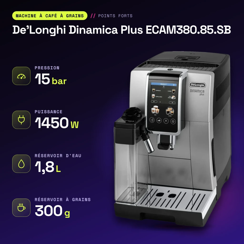 Máquina de Café Superautomática De'Longhi Dinamica Plus 1,8L Moinho Integrado Preto/Prata ECAM380.85.SB - características
