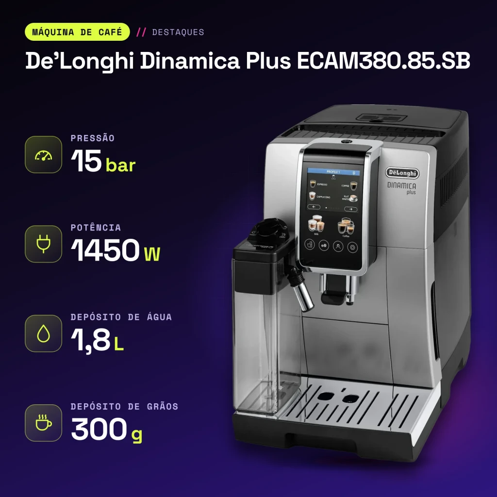 Máquina de Café Superautomática De'Longhi Dinamica Plus 1,8L Moinho Integrado Preto/Prata ECAM380.85.SB - características