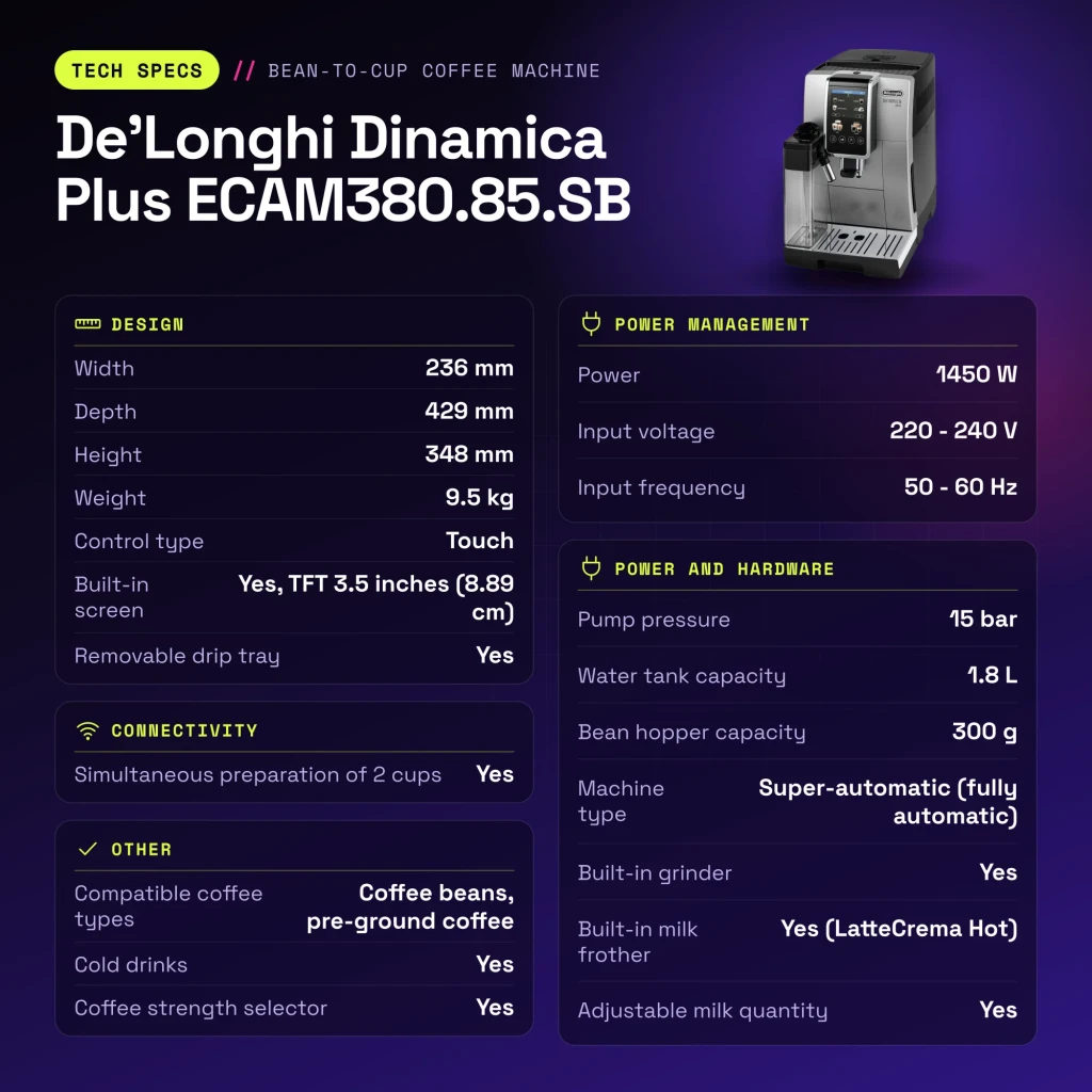 Máquina de Café Superautomática De'Longhi Dinamica Plus 1,8L Moinho Integrado Preto/Prata ECAM380.85.SB - características