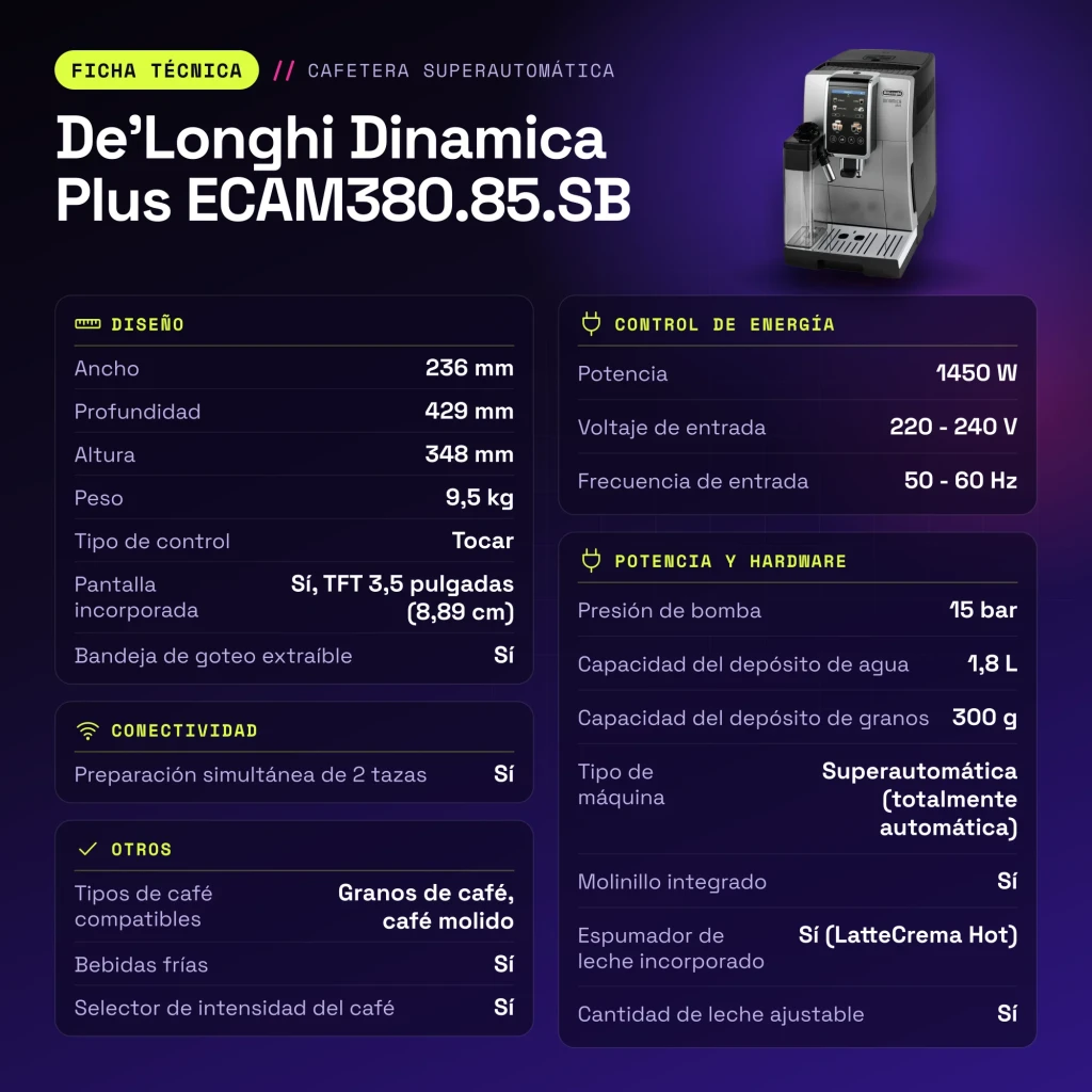 Máquina de Café Superautomática De'Longhi Dinamica Plus 1,8L Moinho Integrado Preto/Prata ECAM380.85.SB - características