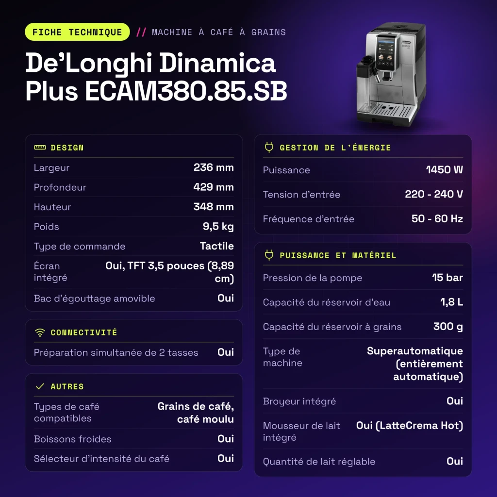 Máquina de Café Superautomática De'Longhi Dinamica Plus 1,8L Moinho Integrado Preto/Prata ECAM380.85.SB - características