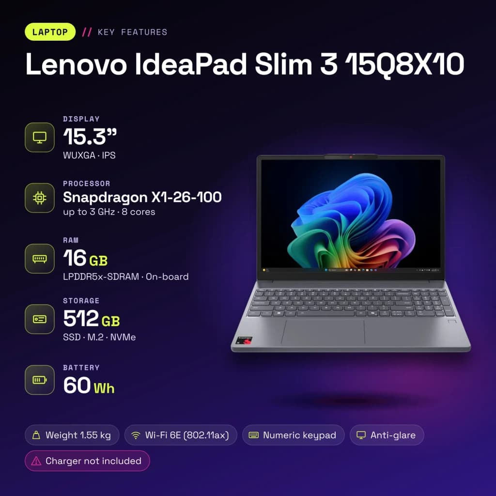 Portátil Lenovo IdeaPad Slim 3 16GB/512GB 15.3 polegadas IPS WUXGA Snapdragon X1-26-100 SSD NVMe PCIe 4.0 Windows 11 Home Cinzento 15Q8X10 - características