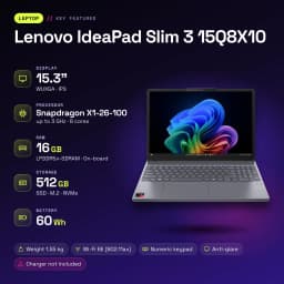 Portátil Lenovo IdeaPad Slim 3 16GB/512GB 15.3 polegadas IPS WUXGA Snapdragon X1-26-100 SSD NVMe PCIe 4.0 Windows 11 Home Cinzento 15Q8X10 - características