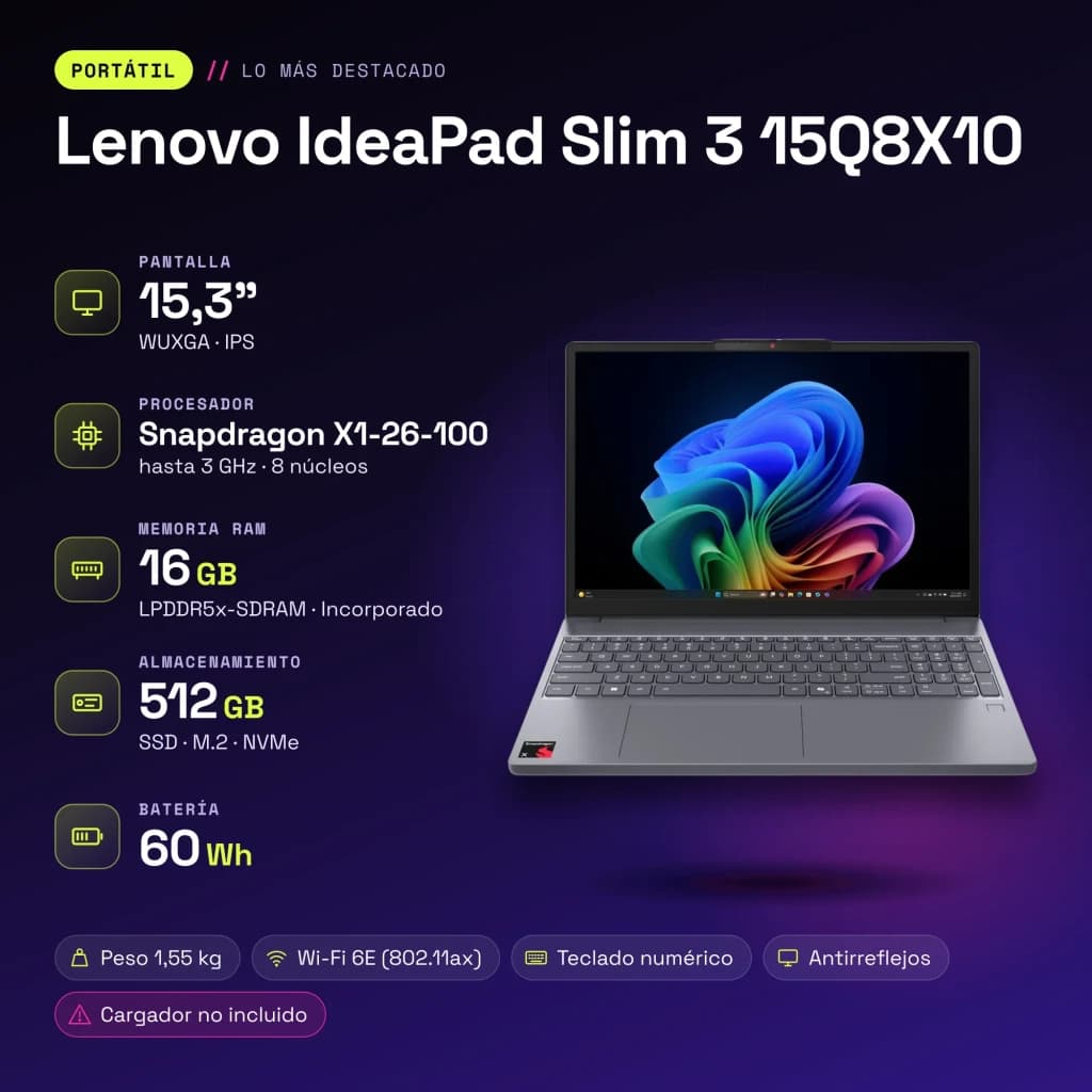 Portátil Lenovo IdeaPad Slim 3 16GB/512GB 15.3 polegadas IPS WUXGA Snapdragon X1-26-100 SSD NVMe PCIe 4.0 Windows 11 Home Cinzento 15Q8X10 - características
