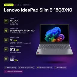 Portátil Lenovo IdeaPad Slim 3 16GB/512GB 15.3 polegadas IPS WUXGA Snapdragon X1-26-100 SSD NVMe PCIe 4.0 Windows 11 Home Cinzento 15Q8X10 - características
