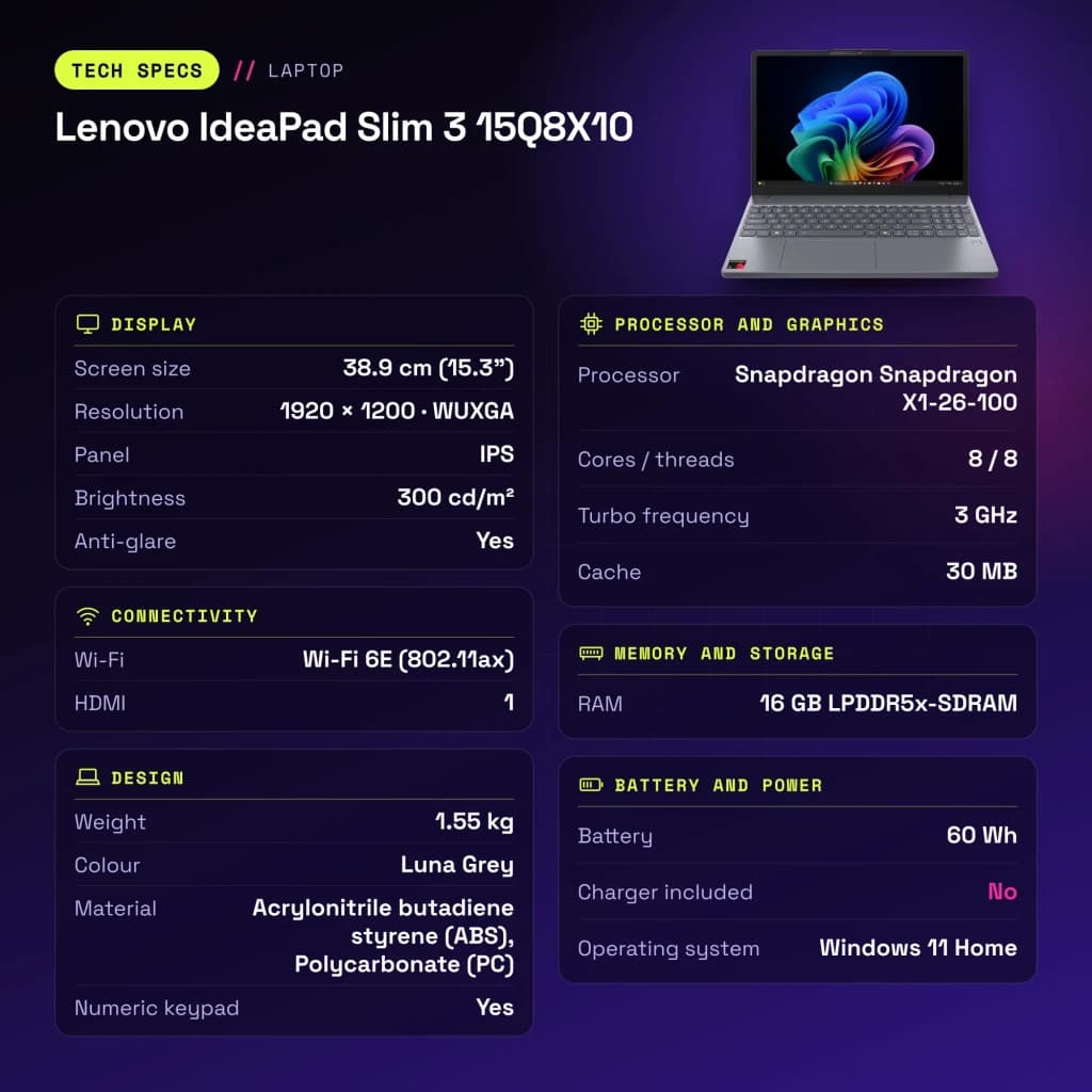 Portátil Lenovo IdeaPad Slim 3 16GB/512GB 15.3 polegadas IPS WUXGA Snapdragon X1-26-100 SSD NVMe PCIe 4.0 Windows 11 Home Cinzento 15Q8X10 - características