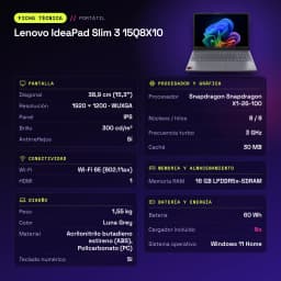 Portátil Lenovo IdeaPad Slim 3 16GB/512GB 15.3 polegadas IPS WUXGA Snapdragon X1-26-100 SSD NVMe PCIe 4.0 Windows 11 Home Cinzento 15Q8X10 - características