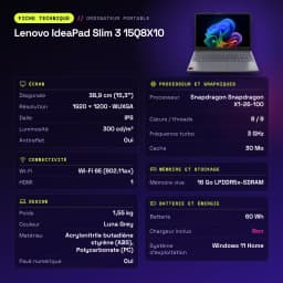 Portátil Lenovo IdeaPad Slim 3 16GB/512GB 15.3 polegadas IPS WUXGA Snapdragon X1-26-100 SSD NVMe PCIe 4.0 Windows 11 Home Cinzento 15Q8X10 - características