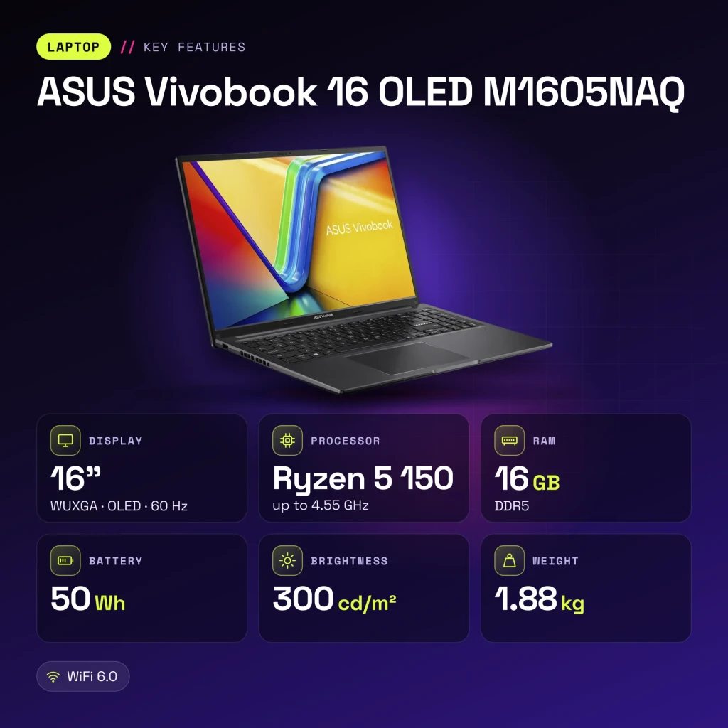 Portátil ASUS Vivobook 16 OLED 16GB/512GB 16 pulgadas AMD Ryzen 5 150 NVMe PCIe 4.0 Windows 11 Home Negro M1605NAQ - características