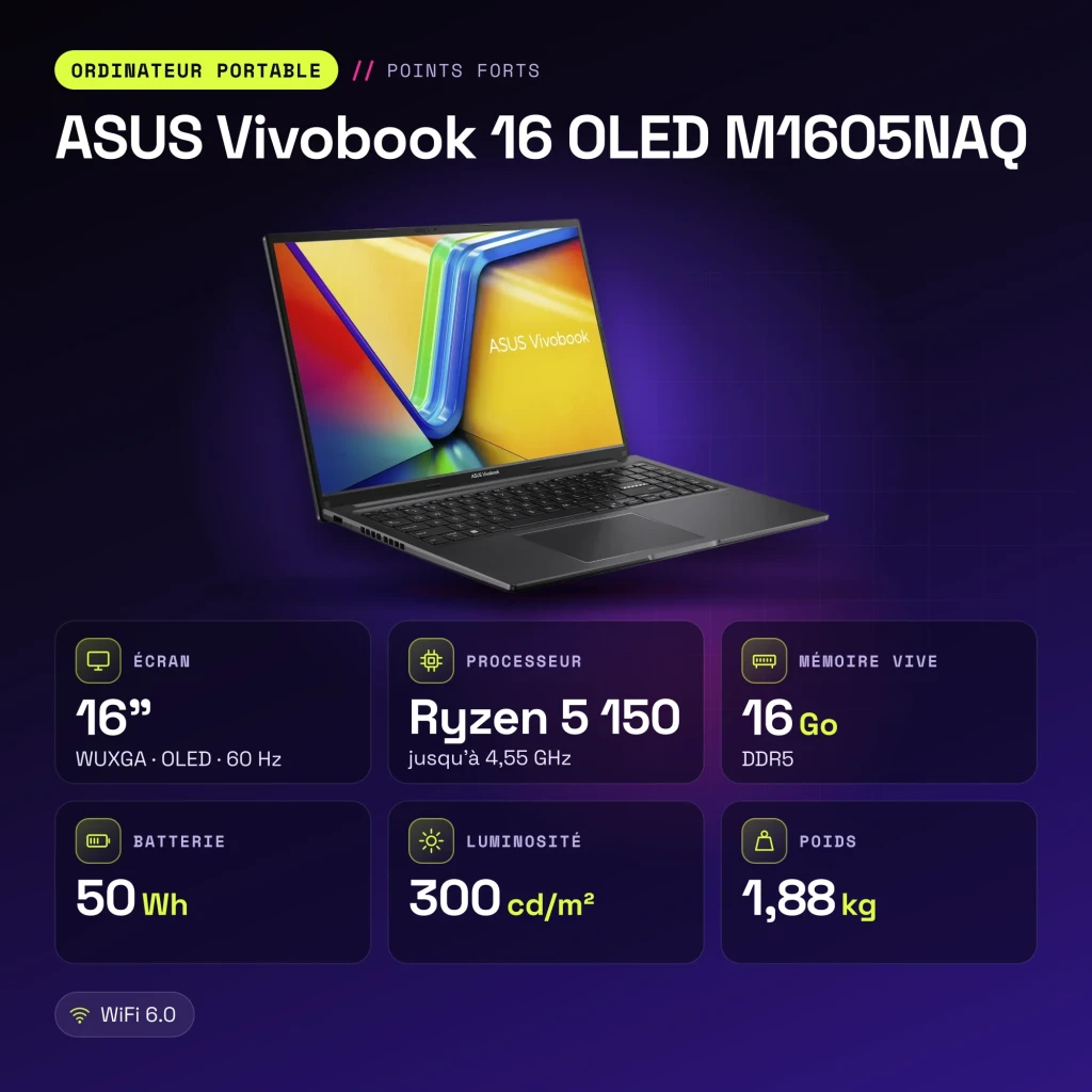 Portátil ASUS Vivobook 16 OLED 16GB/512GB 16 pulgadas AMD Ryzen 5 150 NVMe PCIe 4.0 Windows 11 Home Negro M1605NAQ - características