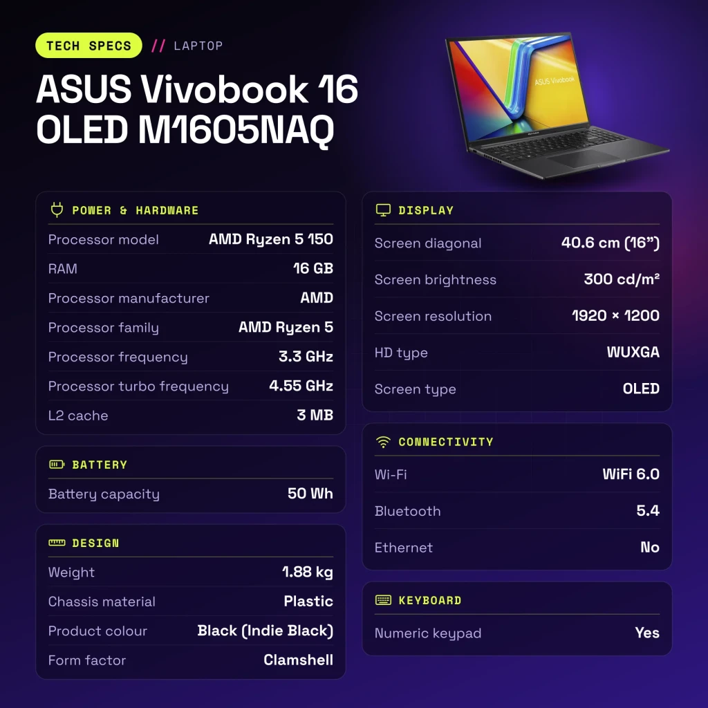 Portátil ASUS Vivobook 16 OLED 16GB/512GB 16 pulgadas AMD Ryzen 5 150 NVMe PCIe 4.0 Windows 11 Home Negro M1605NAQ - características