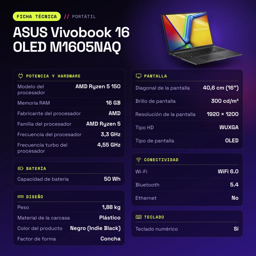Portátil ASUS Vivobook 16 OLED 16GB/512GB 16 pulgadas AMD Ryzen 5 150 NVMe PCIe 4.0 Windows 11 Home Negro M1605NAQ - características