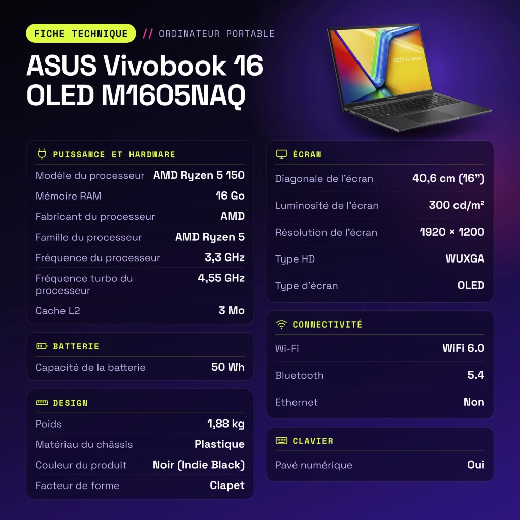 Portátil ASUS Vivobook 16 OLED 16GB/512GB 16 pulgadas AMD Ryzen 5 150 NVMe PCIe 4.0 Windows 11 Home Negro M1605NAQ - características