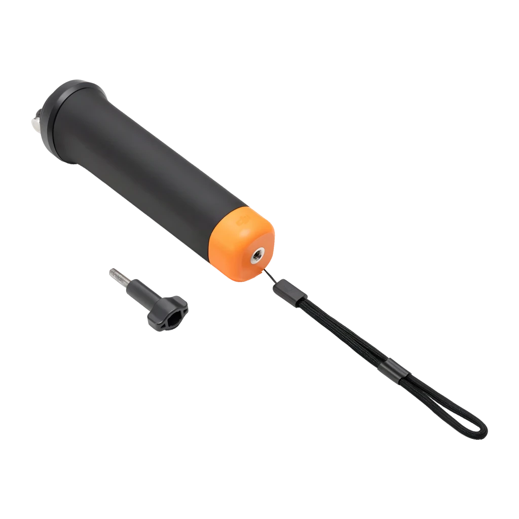 Kit Accessoires Plongée DJI Osmo Action 3 Noir 60 m IP68, détail: poignée flottante noire avec embout orange, dragonne