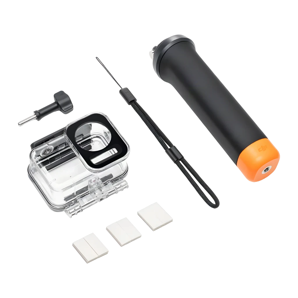 Kit Accessoires Plongée DJI Osmo Action 3 Noir 60 m IP68, détail: boîtier étanche, flotteur orange, vis de fixation