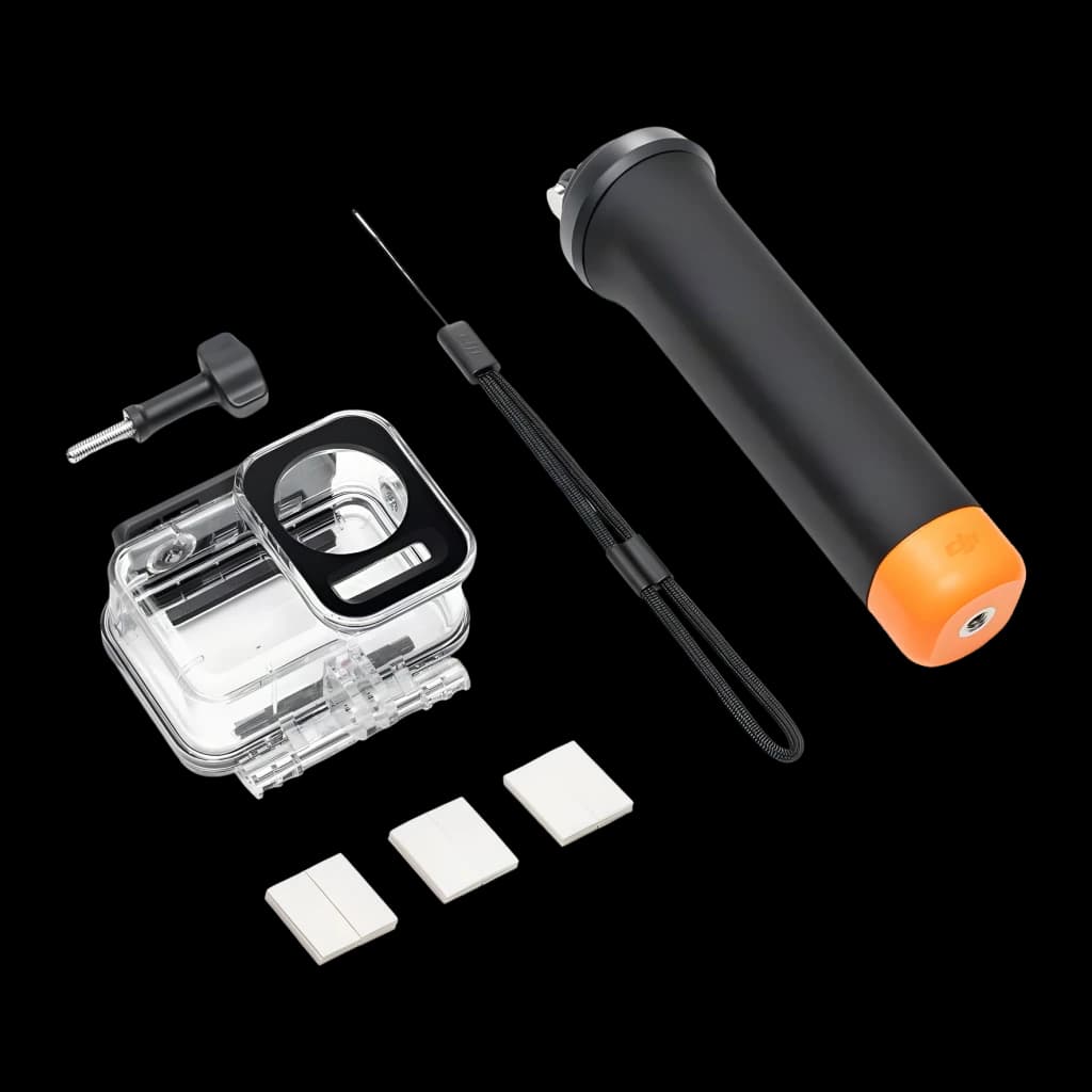 Kit Accessoires Plongée DJI Osmo Action 3 Noir 60 m IP68, détail: boîtier étanche, flotteur orange, vis de fixation
