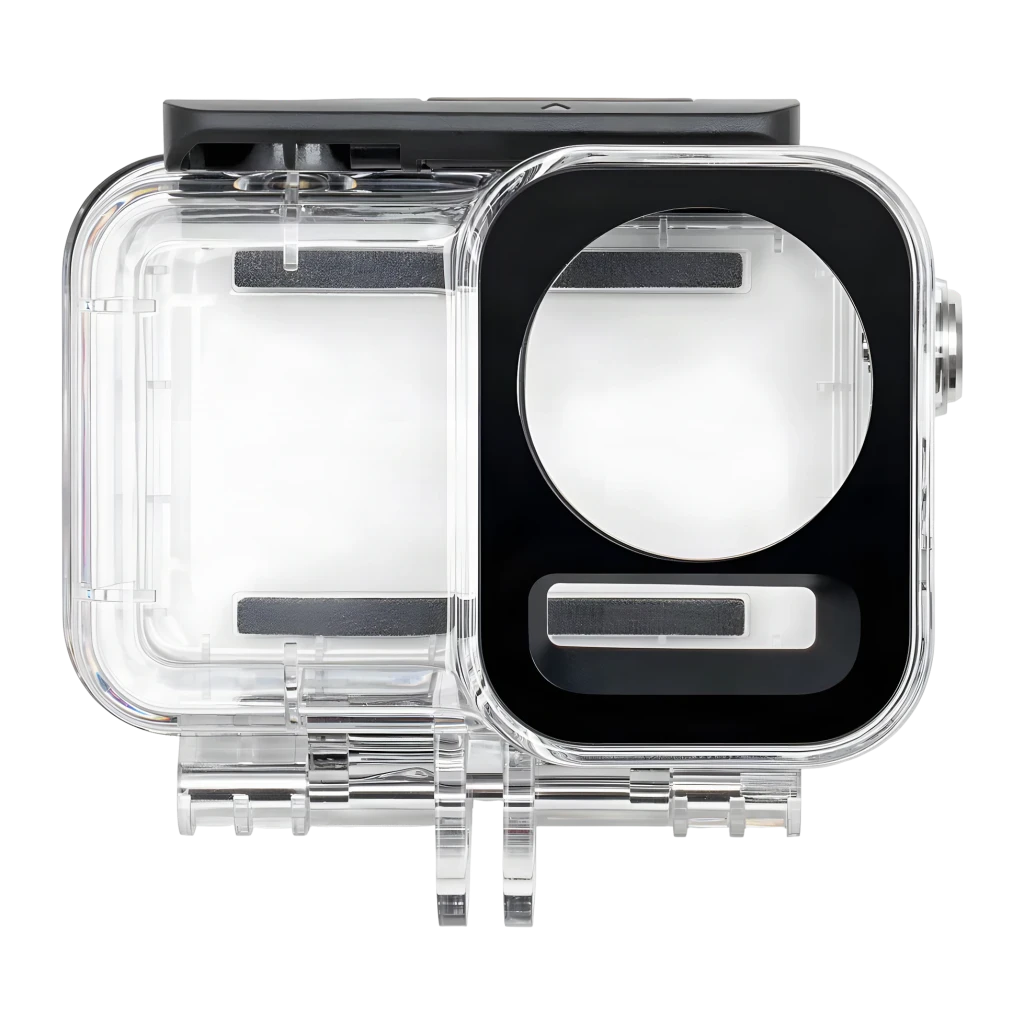 Kit Accessoires Plongée DJI Osmo Action 3 Noir 60 m IP68, détail: boîtier sous-marin ouvert révélant intérieur transparent
