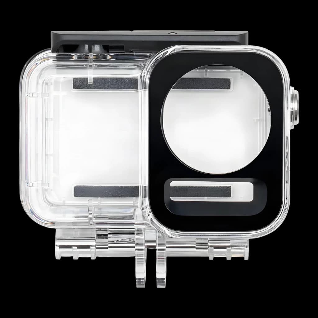 Kit Accessoires Plongée DJI Osmo Action 3 Noir 60 m IP68, détail: boîtier sous-marin ouvert révélant intérieur transparent