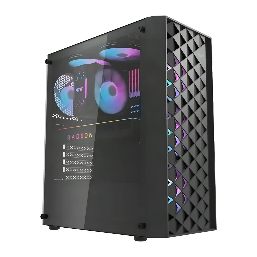 Boîtier PC Darkflash DK351 Verre Trempé ATX 4 Ventilateurs ARGB Noir, détail: panneau vitré et ventilateurs ARGB allumés