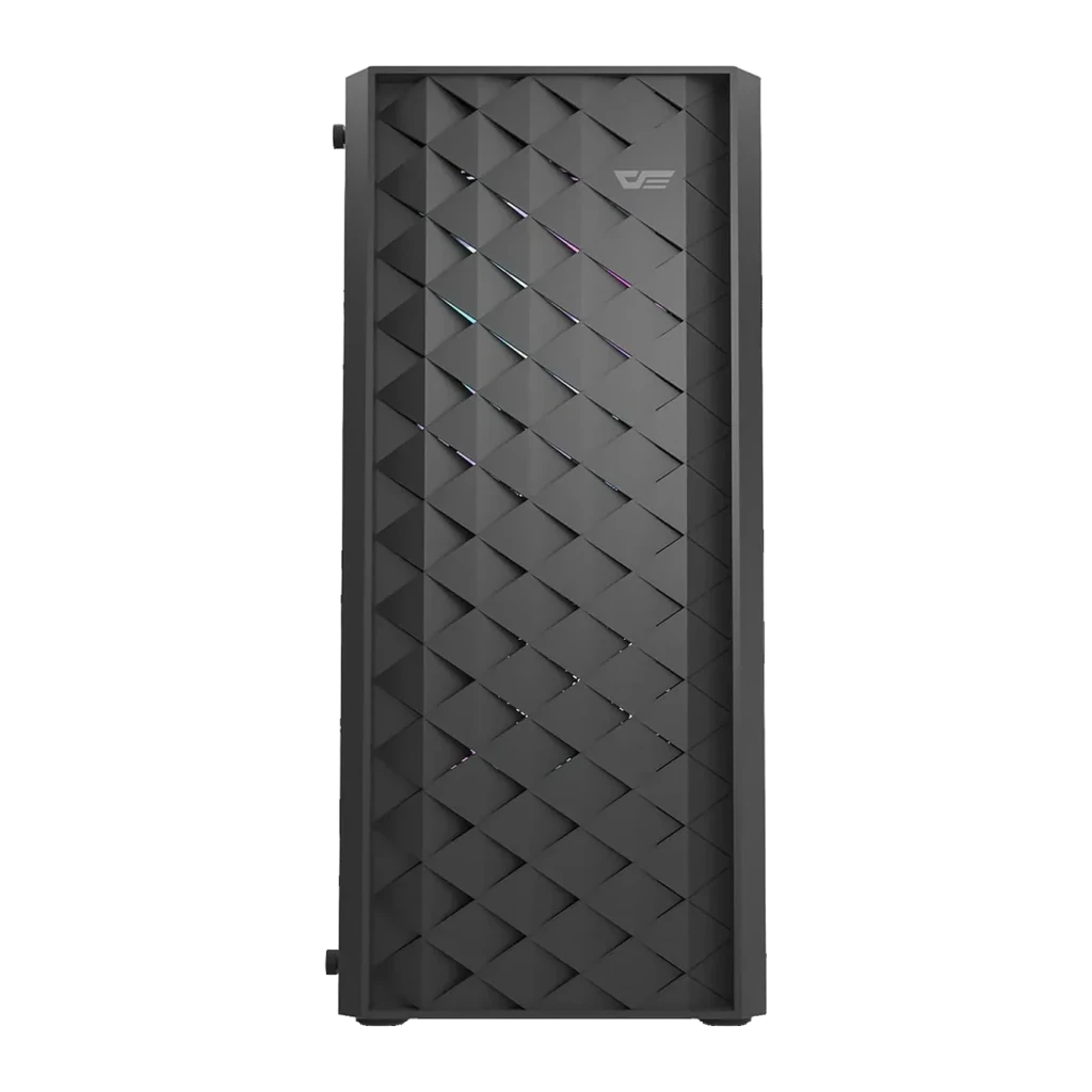 Boîtier PC Darkflash DK351 Verre Trempé ATX 4 Ventilateurs ARGB Noir, détail: panneau avant à motif losange avec reflets