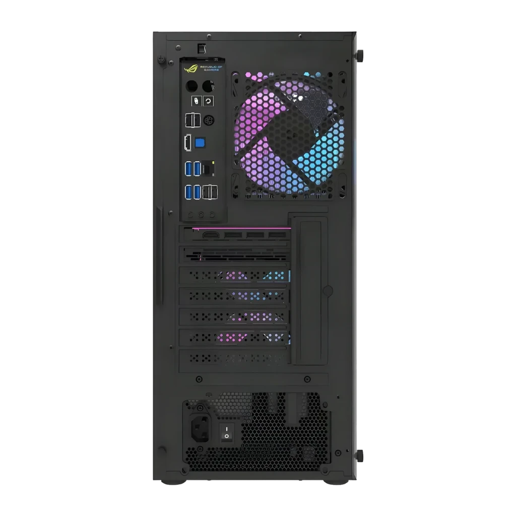 Boîtier PC Darkflash DK351 Verre Trempé ATX 4 Ventilateurs ARGB Noir, vue arrière: panneau I/O, slots PCIe et ventilateur