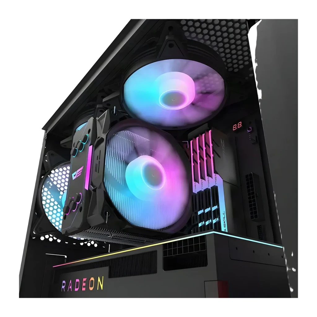 Boîtier PC Darkflash DK351 Verre Trempé ATX 4 Ventilateurs ARGB Noir, détail: intérieur avec ventilateurs ARGB allumés, RAM