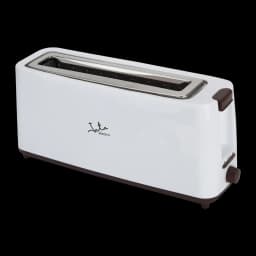 Torradeira JATA TT579 900W 1 Ranhura Branco, vista frontal: corpo branco com ranhura longa inox, botão lateral castanho