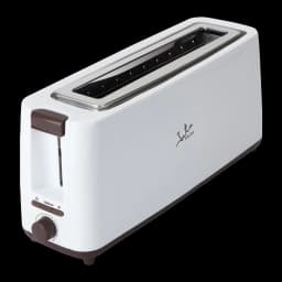 Torradeira JATA TT579 900W 1 Ranhura Branco, detalhe: ranhura longa inox, alavanca castanha e botão de tostagem visíveis